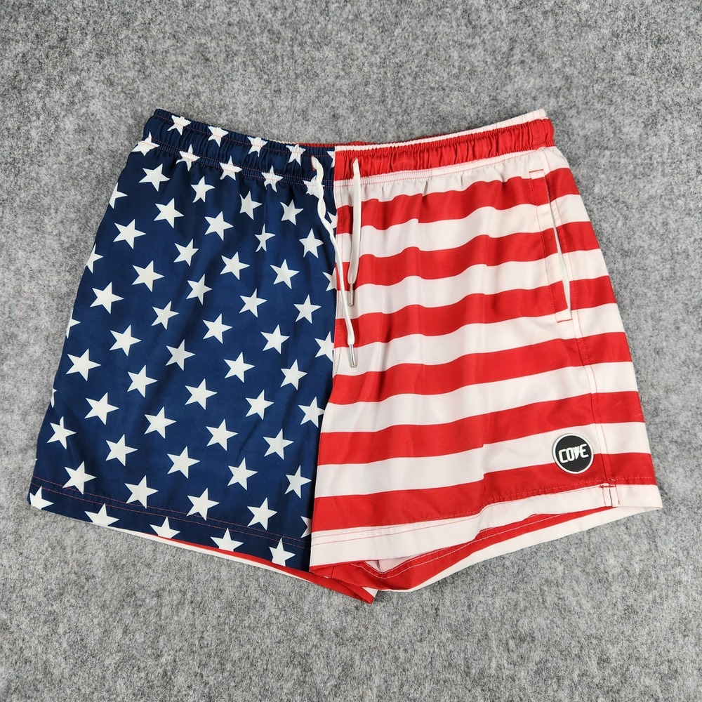 COVE Swim Trunks Men 38 Red American Flag USA Patriotic Zip Pocket Board Shorts